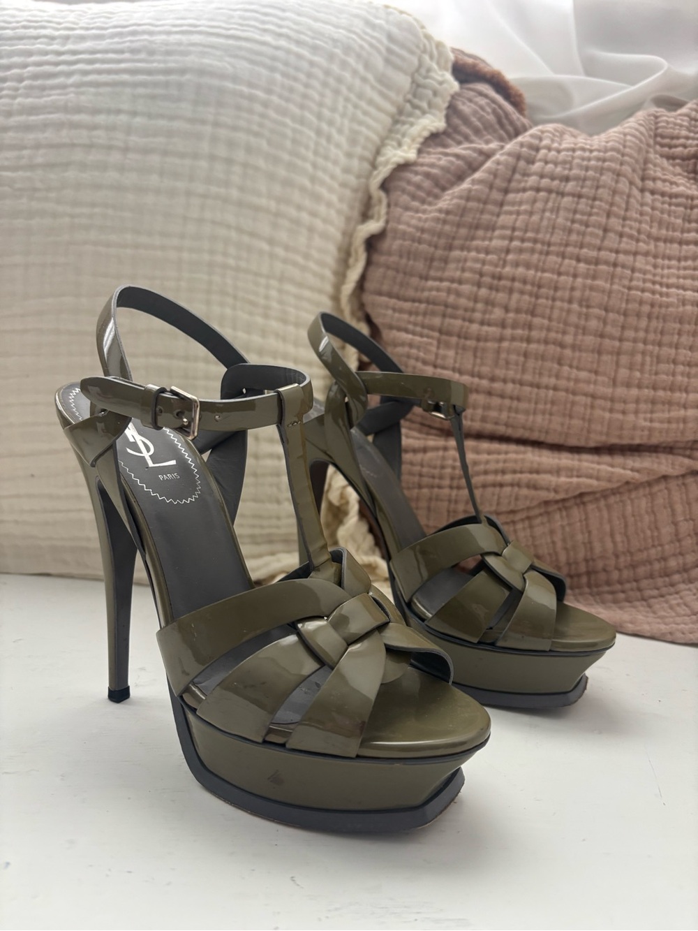 YSL Saint Laurent Tribute Patent Platform Sandals Green Size 38